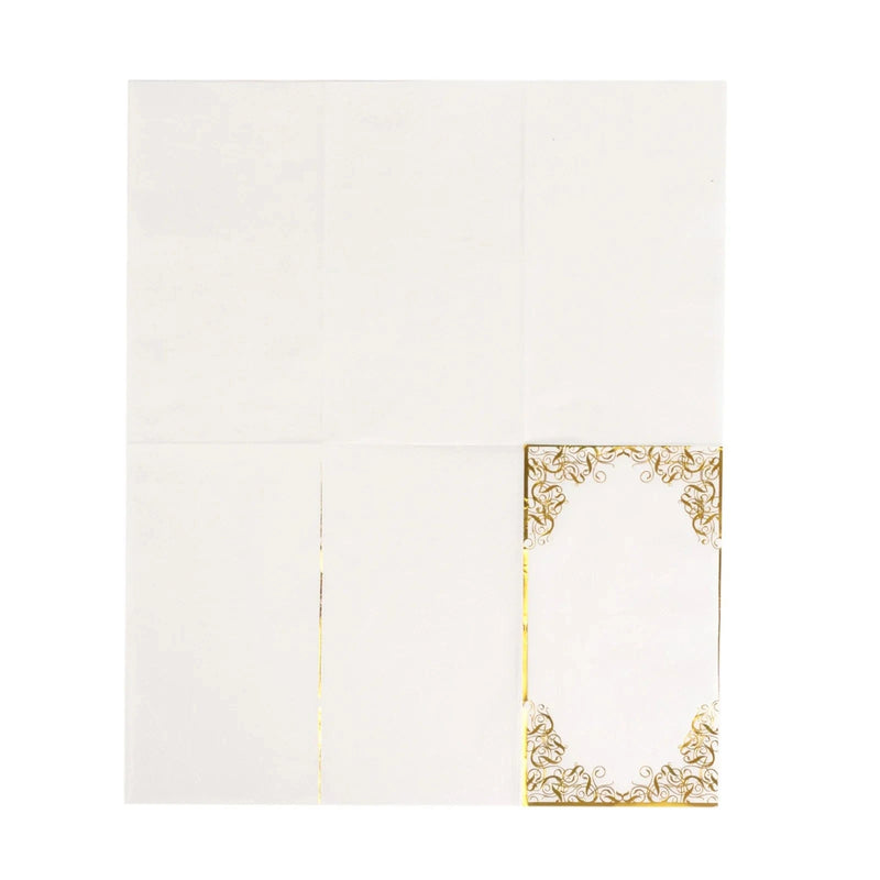 50 Soft Dinner Paper Napkins with Gold Foil Lace Design - White NAP_DIN09_GOLD