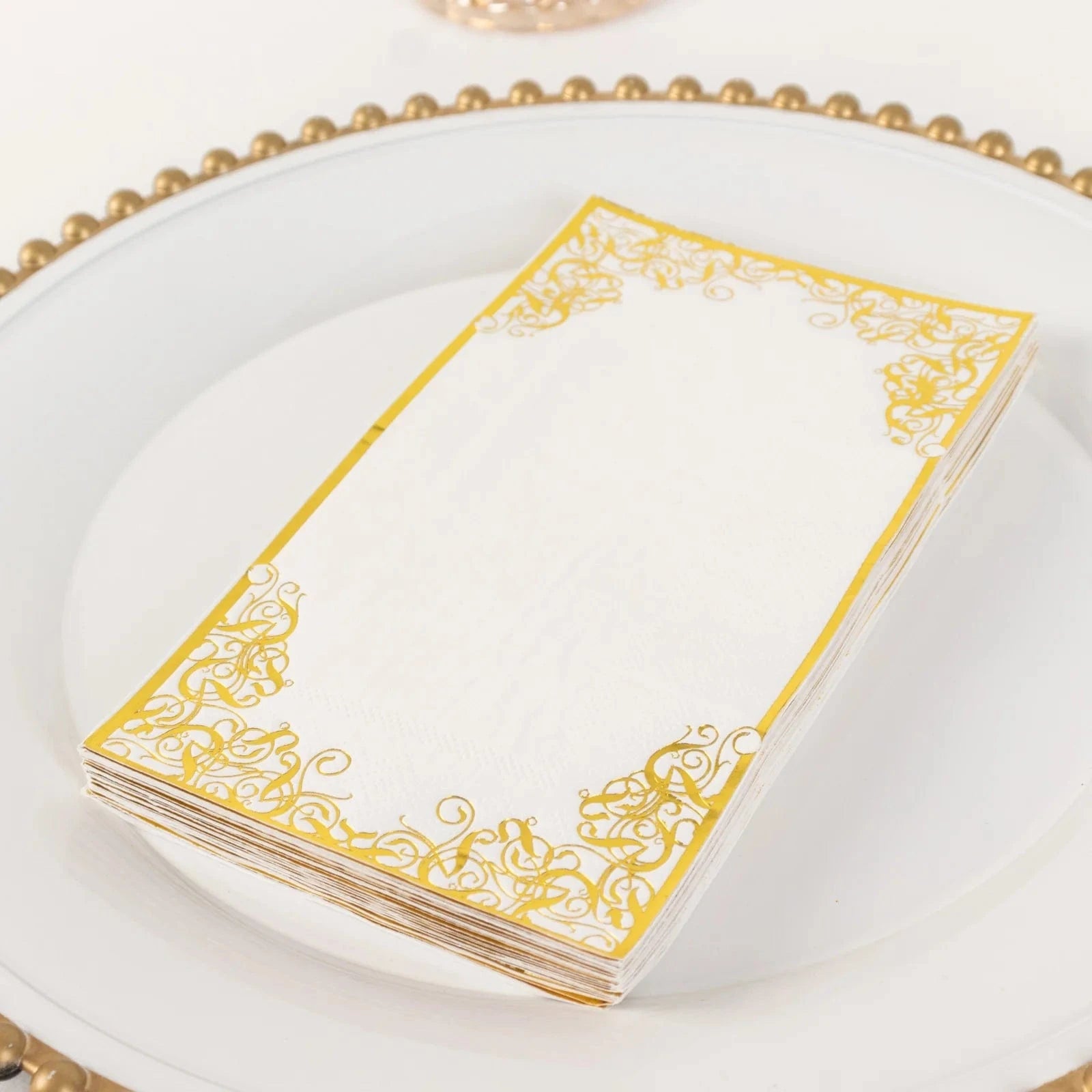 50 Soft Dinner Paper Napkins with Gold Foil Lace Design - White NAP_DIN09_GOLD