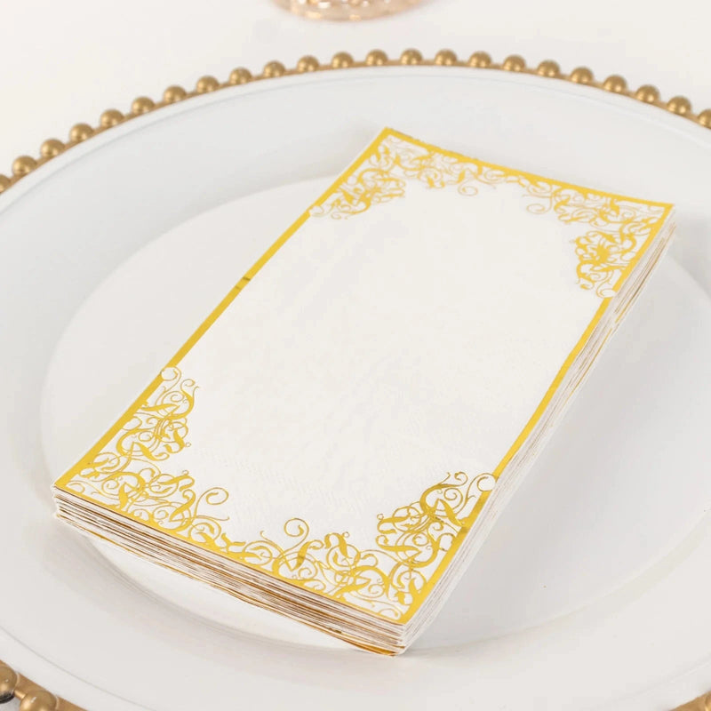 50 Soft Dinner Paper Napkins with Gold Foil Lace Design - White NAP_DIN09_GOLD