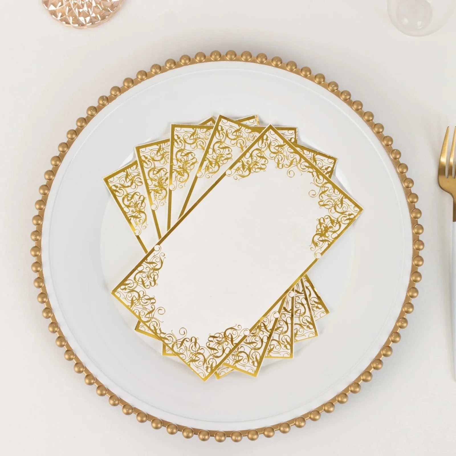 50 Soft Dinner Paper Napkins with Gold Foil Lace Design - White NAP_DIN09_GOLD