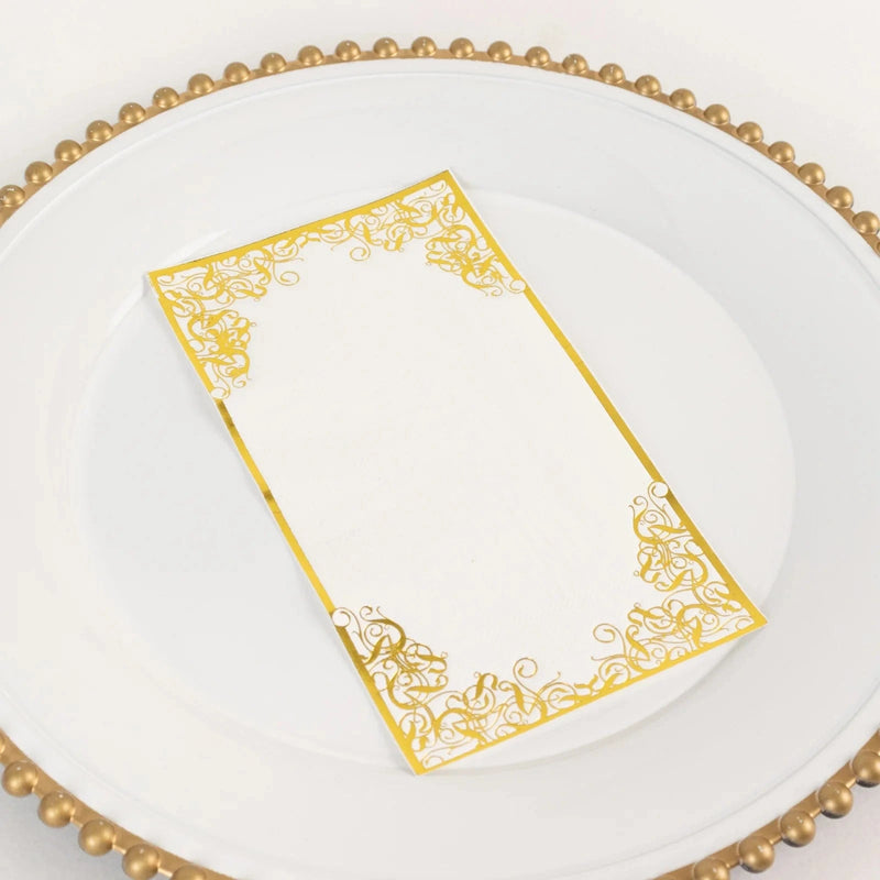 50 Soft Dinner Paper Napkins with Gold Foil Lace Design - White NAP_DIN09_GOLD