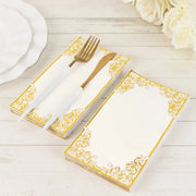 50 Soft Dinner Paper Napkins with Gold Foil Lace Design - White NAP_DIN09_GOLD