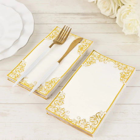 50 Soft Dinner Paper Napkins with Gold Foil Lace Design - White NAP_DIN09_GOLD