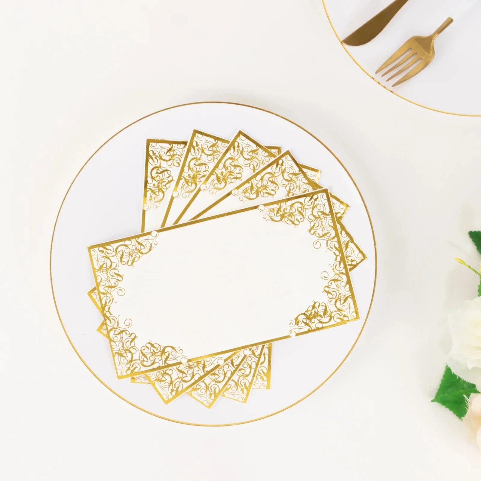 50 Soft Dinner Paper Napkins with Gold Foil Lace Design - White NAP_DIN09_GOLD