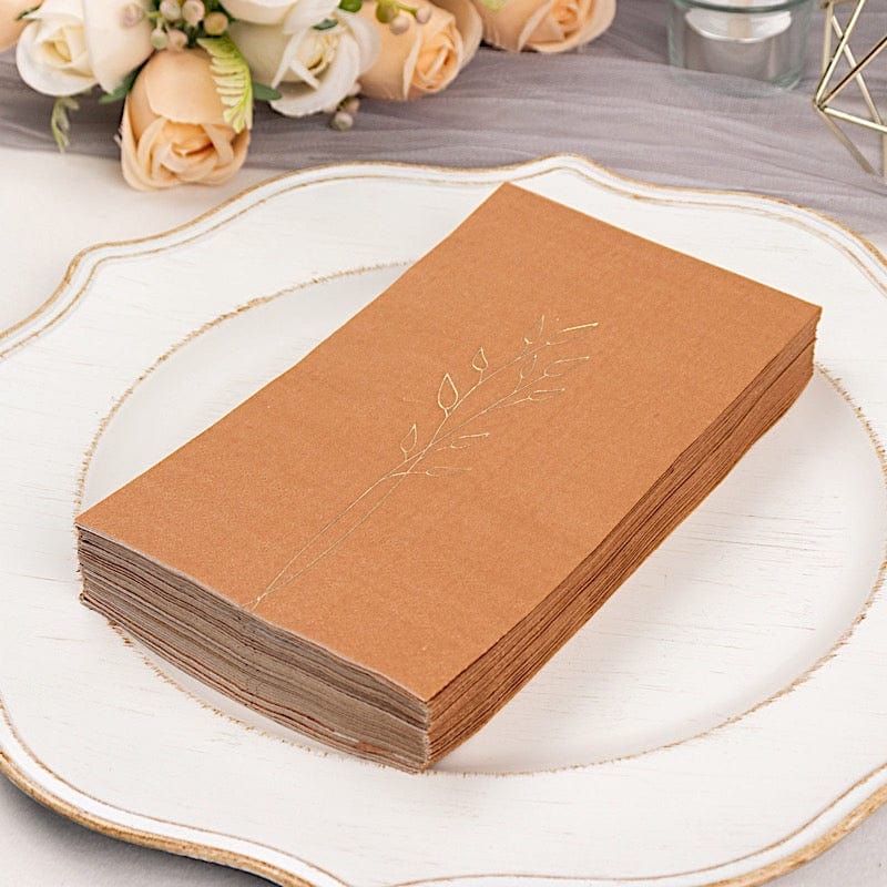 50 Soft Paper Dinner Napkins with Gold Embossed Leaf