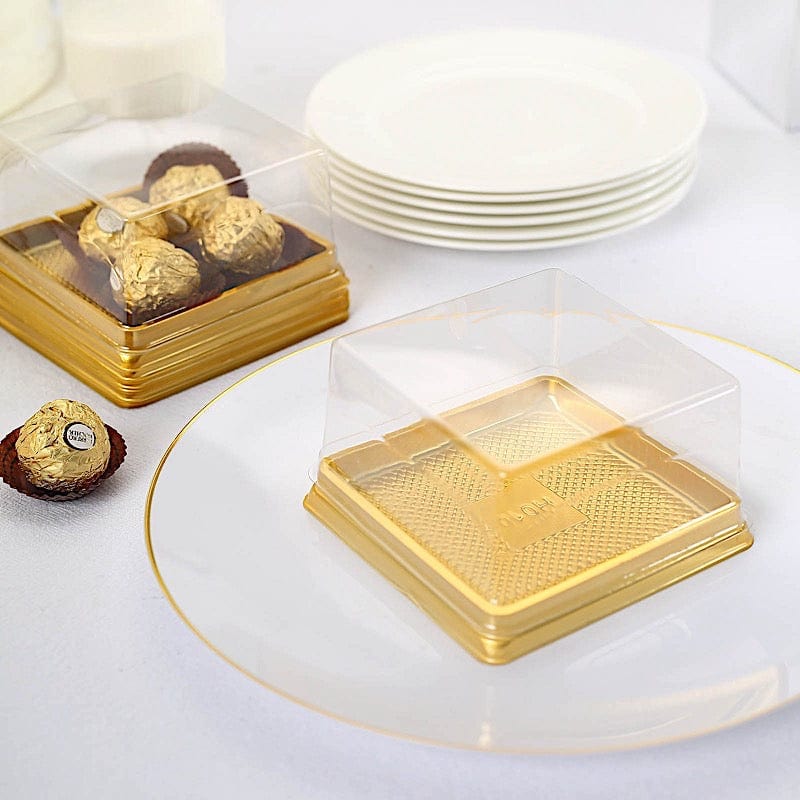 50 Square 4" Plastic Mini Dessert Favor Boxes Cupcake Holders - Gold and Clear BOX_4X4_CAKE08_GOLD