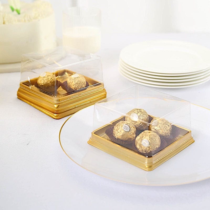 50 Square 4" Plastic Mini Dessert Favor Boxes Cupcake Holders - Gold and Clear BOX_4X4_CAKE08_GOLD