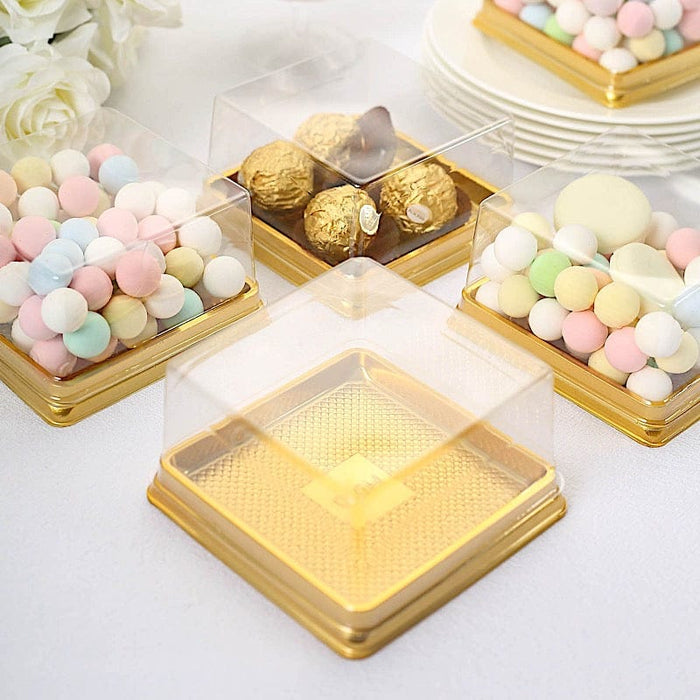 50 Square 4 Plastic Dessert Favor Boxes Cupcake Holders - Gold Clear