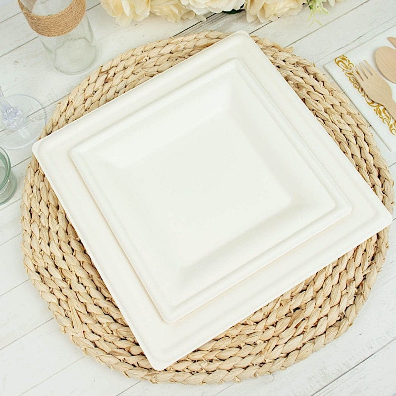 50 Square White Bagasse Sustainable Salad Dinner Plates - Disposable Tableware