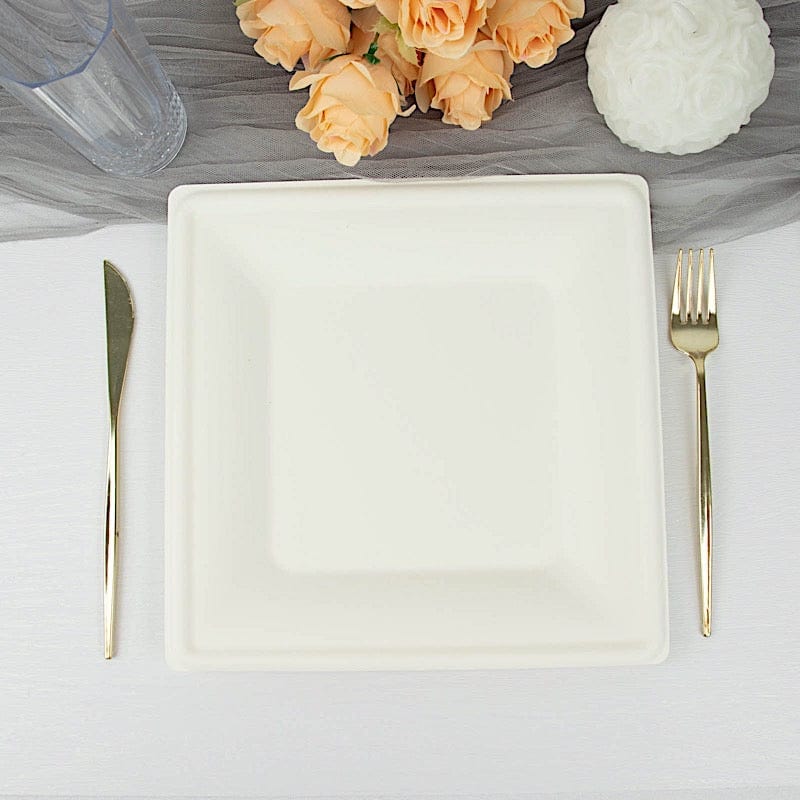 50 Square White Bagasse Sustainable Salad Dinner Plates - Disposable Tableware