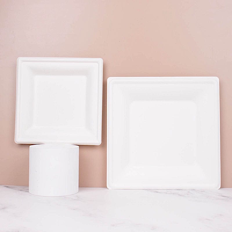 50 Square White Bagasse Sustainable Salad Dinner Plates - Disposable Tableware