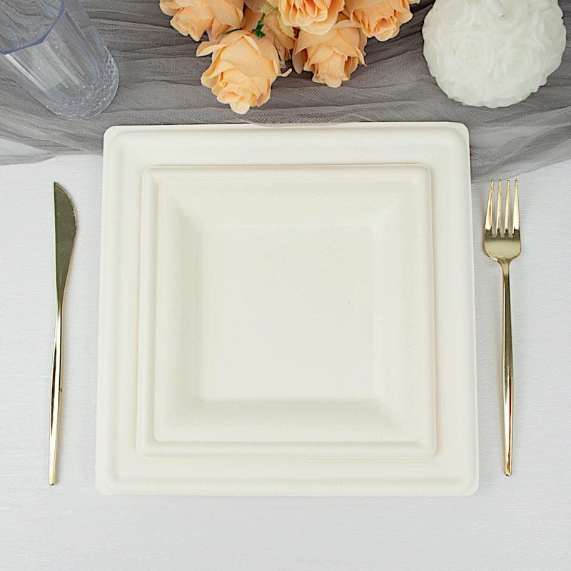 50 Square White Bagasse Sustainable Salad Dinner Plates - Disposable Tableware