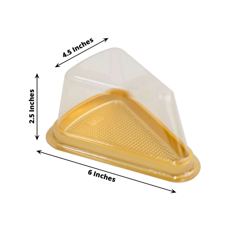 50 Triangle Cake Slice Boxes Plastic Wedding Favor Holders - Gold and Clear BOX_5X3_CAKE05_GOLD