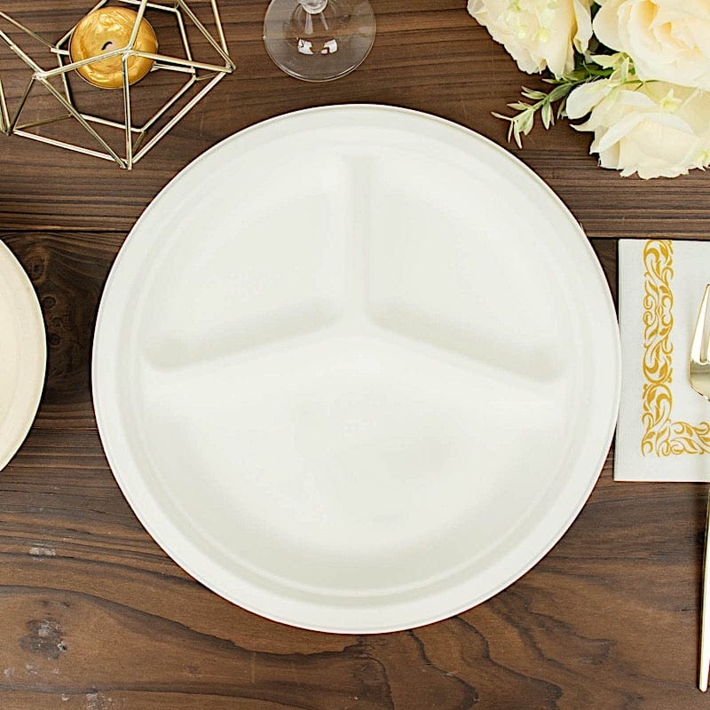 50 White 10" Bagasse 3 Compartment Dinner Plates - Disposable Tableware DSP_BPR002_10_WHT