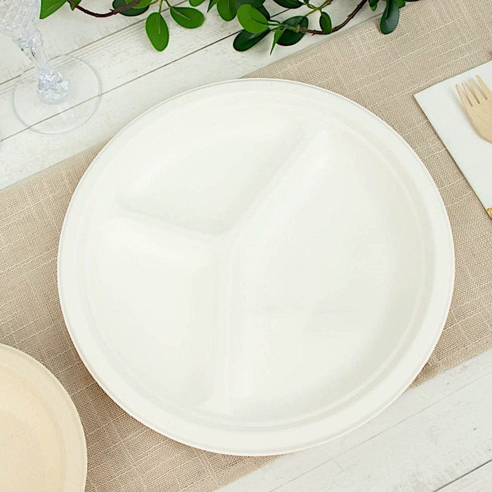 50 White 10" Bagasse 3 Compartment Dinner Plates - Disposable Tableware DSP_BPR002_10_WHT