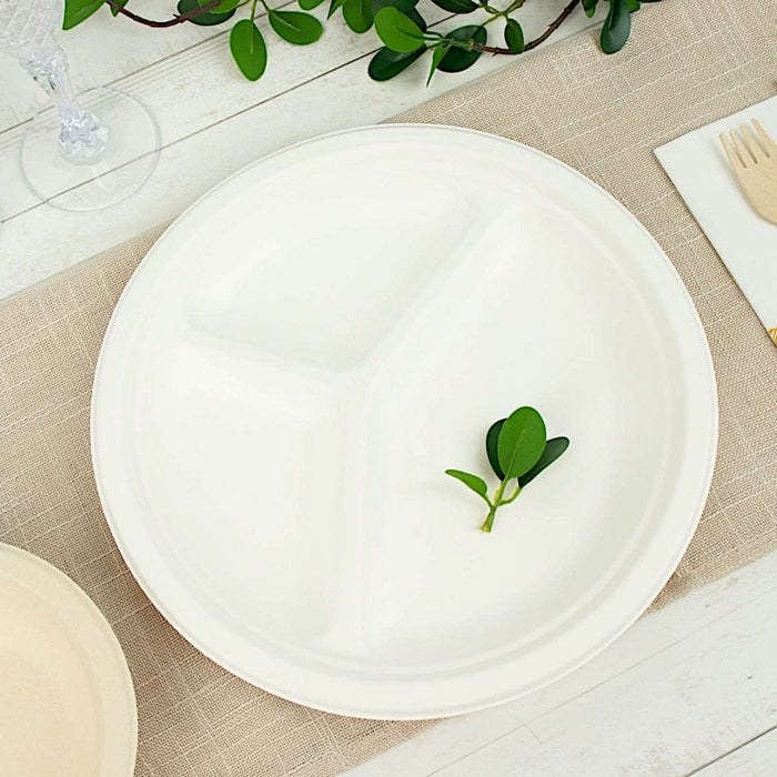50 White 10" Bagasse 3 Compartment Dinner Plates - Disposable Tableware DSP_BPR002_10_WHT