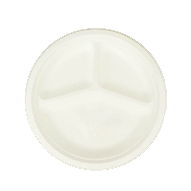 50 White 10" Bagasse 3 Compartment Dinner Plates - Disposable Tableware DSP_BPR002_10_WHT