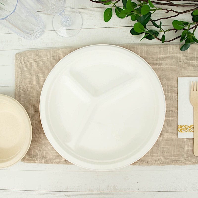 50 White 10" Bagasse 3 Compartment Dinner Plates - Disposable Tableware DSP_BPR002_10_WHT