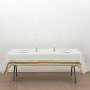50" x 108" Airlaid Paper Rectangular Tablecloth with Gold Striped Border - White TAB_DSP_002_50108_WHGD