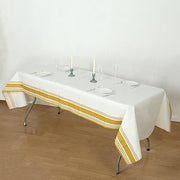 50" x 108" Airlaid Paper Rectangular Tablecloth with Gold Striped Border - White TAB_DSP_002_50108_WHGD