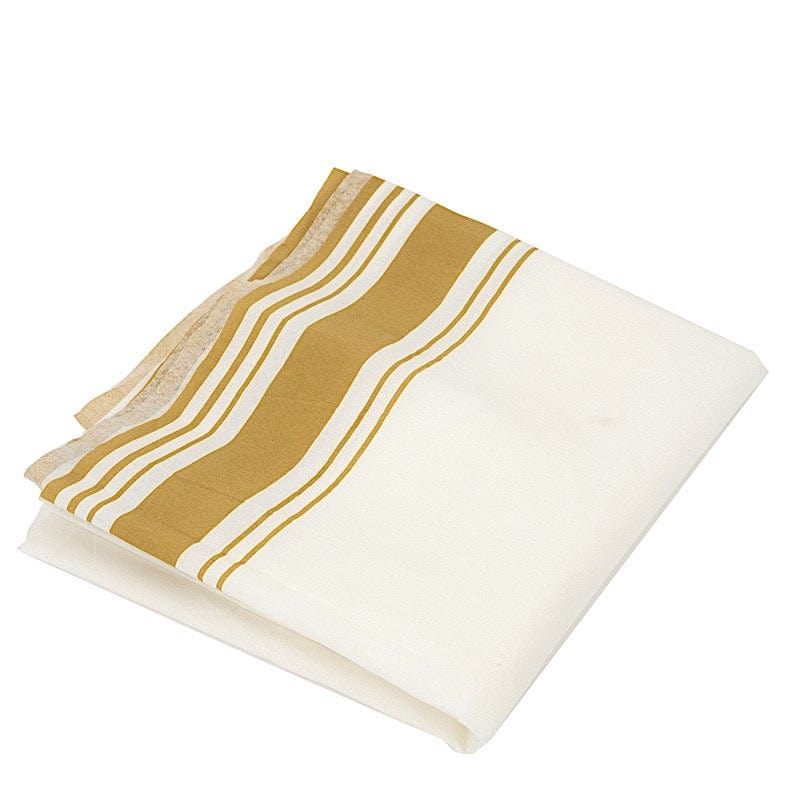 50" x 108" Airlaid Paper Rectangular Tablecloth with Gold Striped Border - White TAB_DSP_002_50108_WHGD