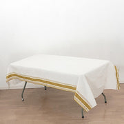 50" x 108" Airlaid Paper Rectangular Tablecloth with Gold Striped Border - White TAB_DSP_002_50108_WHGD