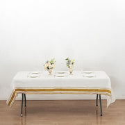 50" x 108" Airlaid Paper Rectangular Tablecloth with Gold Striped Border - White TAB_DSP_002_50108_WHGD
