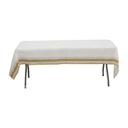 50" x 108" Airlaid Paper Rectangular Tablecloth with Gold Striped Border - White TAB_DSP_002_50108_WHGD
