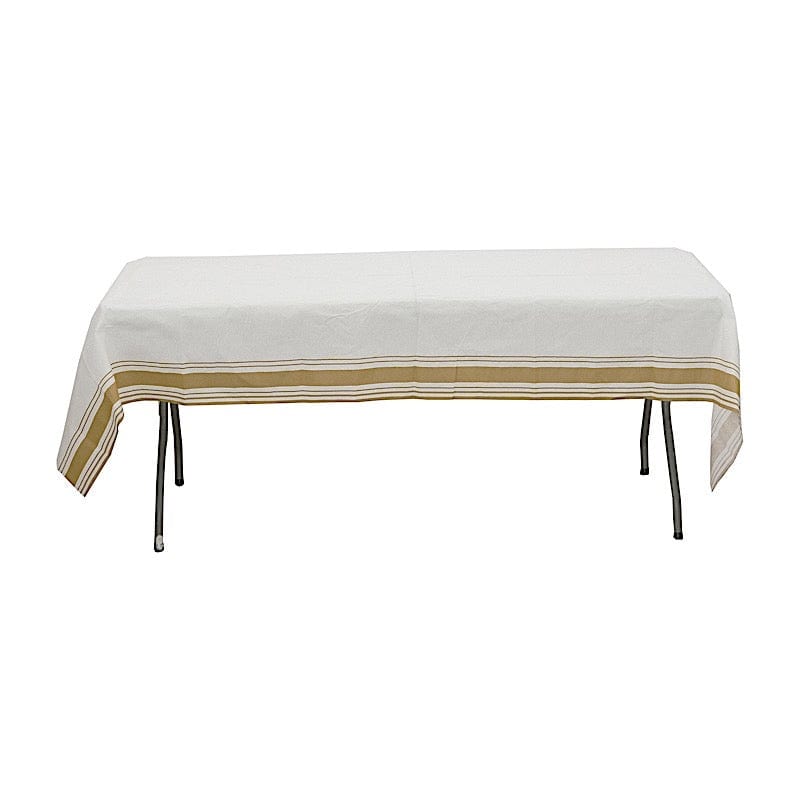 50" x 108" Airlaid Paper Rectangular Tablecloth with Gold Striped Border - White TAB_DSP_002_50108_WHGD