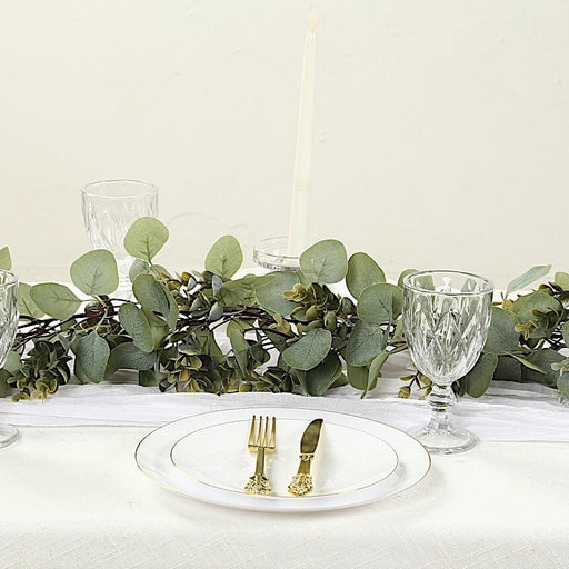 6.5 ft Eucalyptus Garland with Boxwood Leaf and Battery Operated LED Lights - Green LEDSTR_ARTI_GLND_GRN002_A