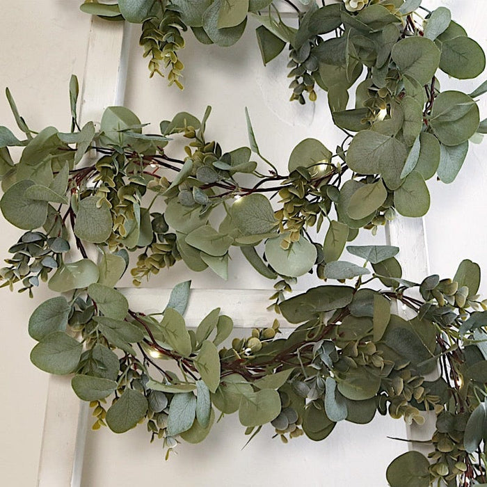 6.5 ft Eucalyptus Garland with Boxwood Leaf and Battery Operated LED Lights - Green LEDSTR_ARTI_GLND_GRN002_A