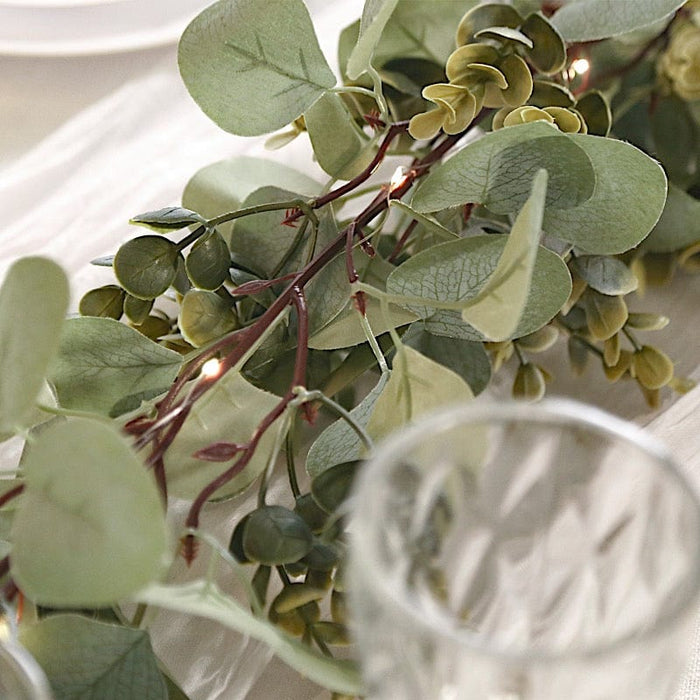 6.5 ft Eucalyptus Garland with Boxwood Leaf and Battery Operated LED Lights - Green LEDSTR_ARTI_GLND_GRN002_A