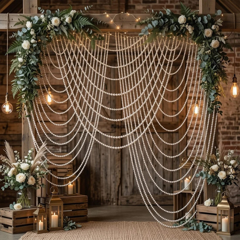 6.5 ft Faux Pearl Beaded Curtain Triple Swag Valance - White CUR_VAL_PRL02_WHT