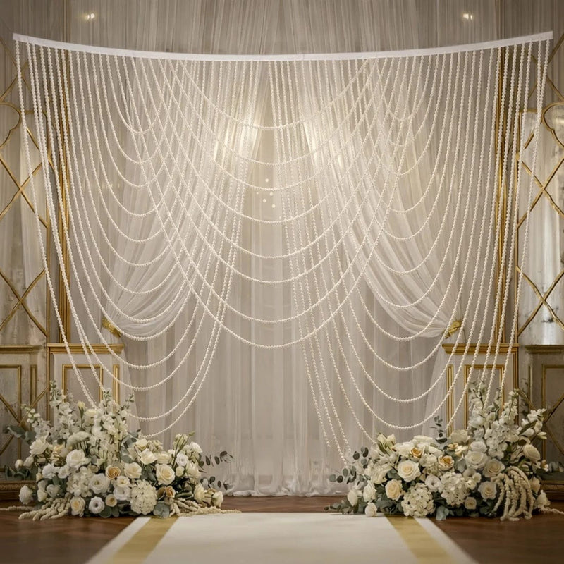 6.5 ft Faux Pearl Beaded Curtain Triple Swag Valance - White CUR_VAL_PRL02_WHT