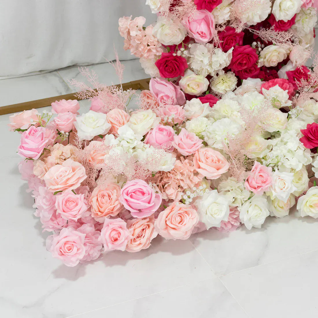 6.5 ft Wedding Arch with Roses, Hydrangeas and  Chrysanthemums Silk Floral Half Crescent Wedding Arch - White and Pink ARTI_BKDP_STND_15_M_MIXWHTPK