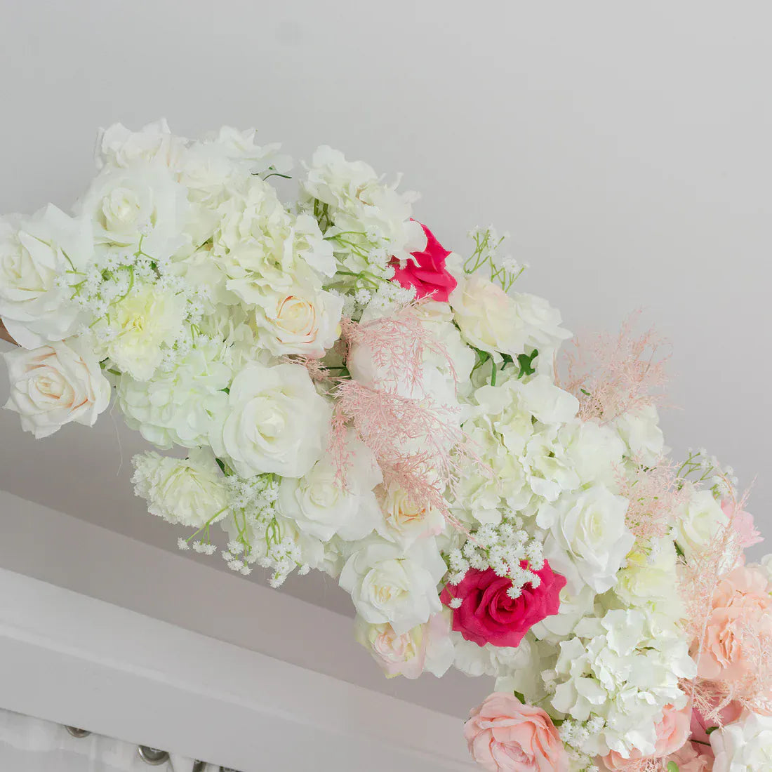 6.5 ft Wedding Arch with Roses, Hydrangeas and  Chrysanthemums Silk Floral Half Crescent Wedding Arch - White and Pink ARTI_BKDP_STND_15_M_MIXWHTPK