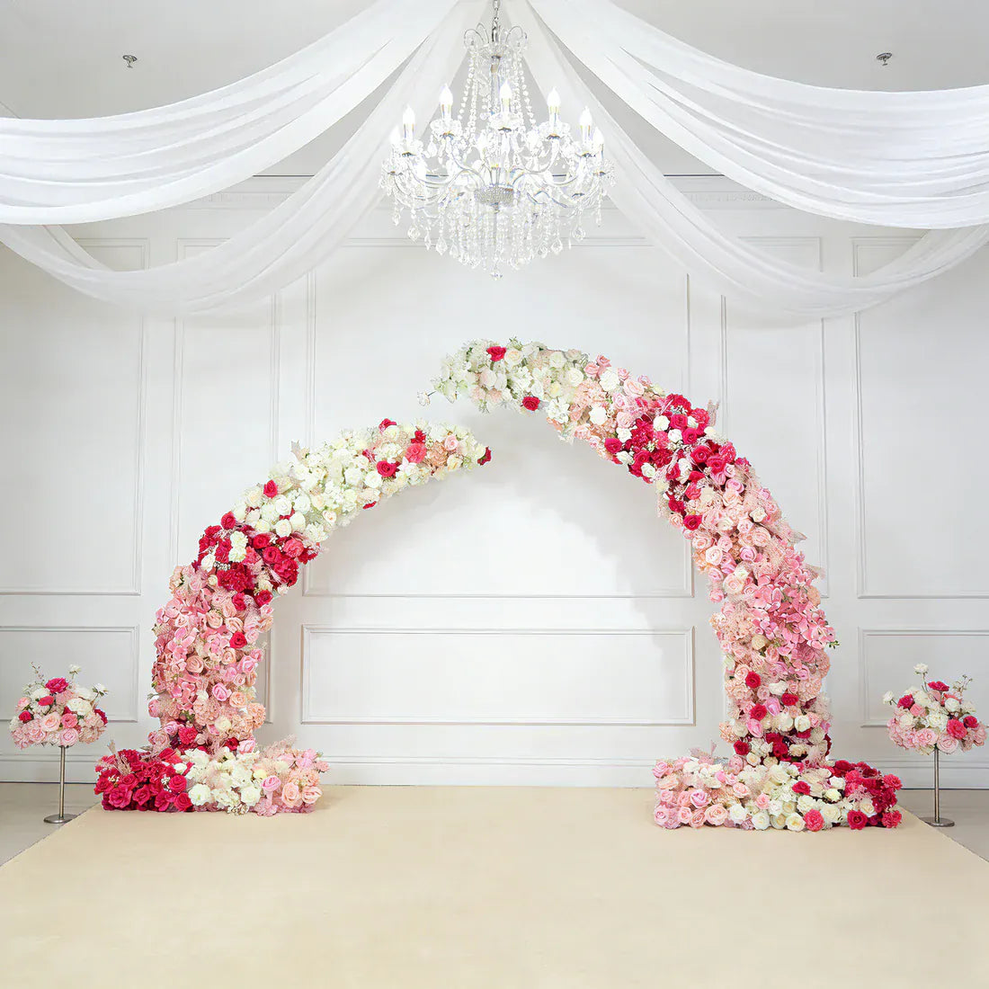 6.5 ft Wedding Arch with Roses, Hydrangeas and  Chrysanthemums Silk Floral Half Crescent Wedding Arch - White and Pink ARTI_BKDP_STND_15_M_MIXWHTPK