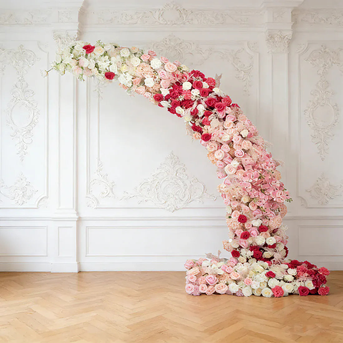 6.5 ft Wedding Arch with Roses, Hydrangeas and  Chrysanthemums Silk Floral Half Crescent Wedding Arch - White and Pink ARTI_BKDP_STND_15_M_MIXWHTPK