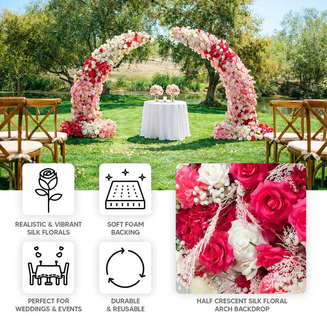 6.5 ft Wedding Arch with Roses, Hydrangeas and  Chrysanthemums Silk Floral Half Crescent Wedding Arch - White and Pink ARTI_BKDP_STND_15_M_MIXWHTPK