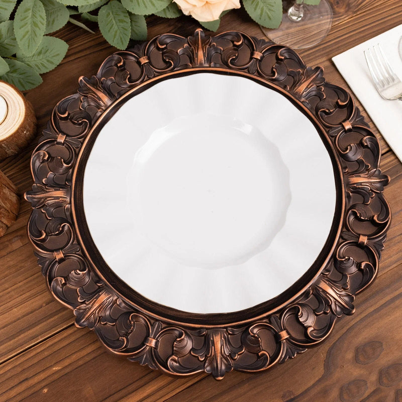 6 Acrylic 13" Aristocrat Style Charger Plates with Ornate Embossed Rim - Dark Brown CHRG_PLST0003W_BRN