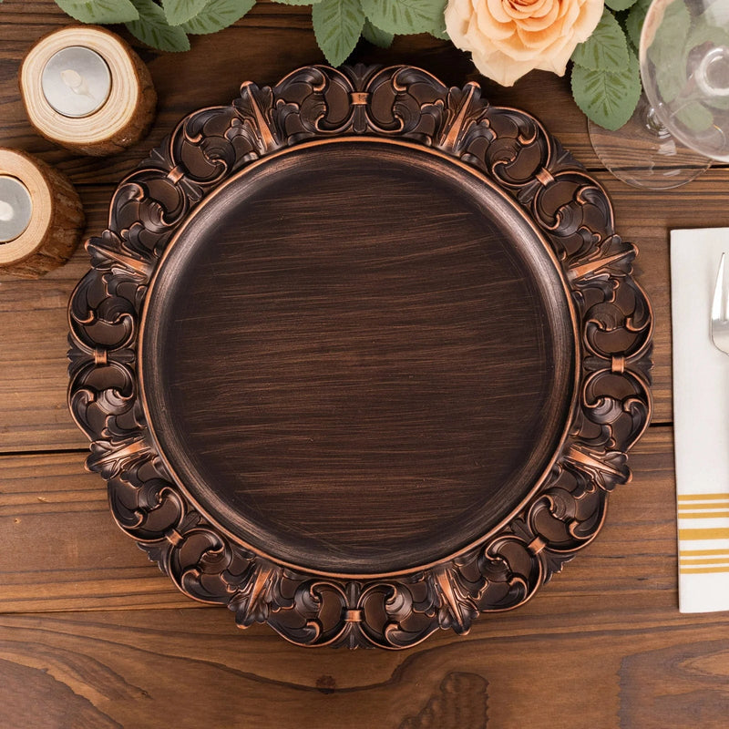 6 Acrylic 13" Aristocrat Style Charger Plates with Ornate Embossed Rim - Dark Brown CHRG_PLST0003W_BRN