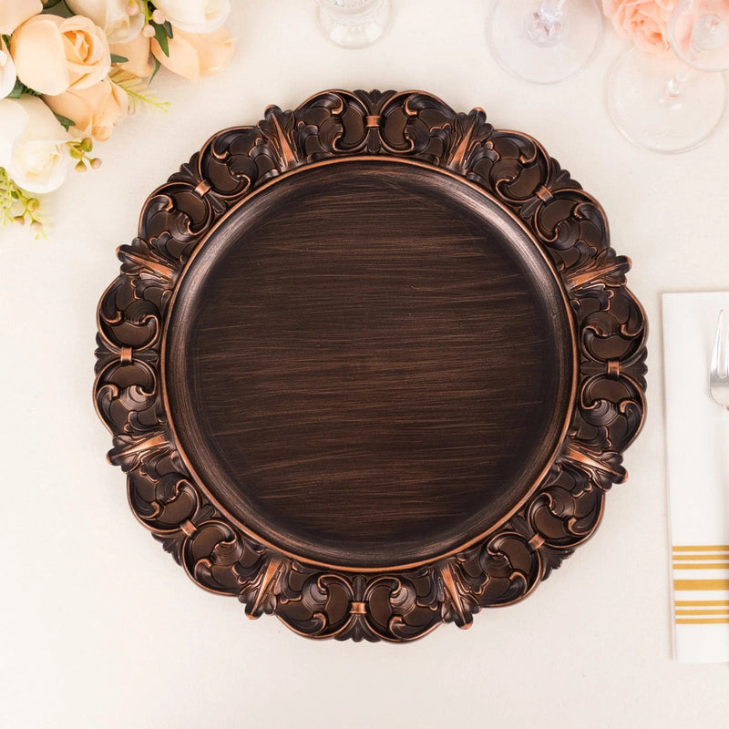6 Acrylic 13" Aristocrat Style Charger Plates with Ornate Embossed Rim - Dark Brown CHRG_PLST0003W_BRN