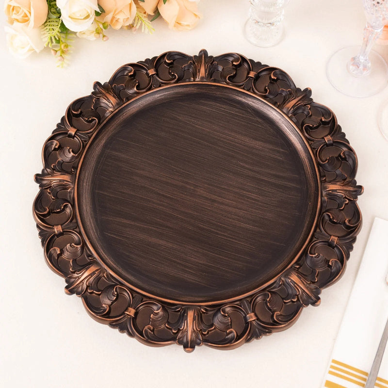 6 Acrylic 13" Aristocrat Style Charger Plates with Ornate Embossed Rim - Dark Brown CHRG_PLST0003W_BRN
