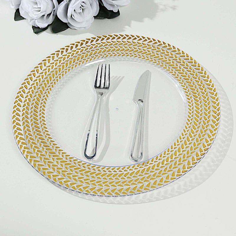 6 Acrylic 13" Charger Plates with Wheat Pattern Gold Rim