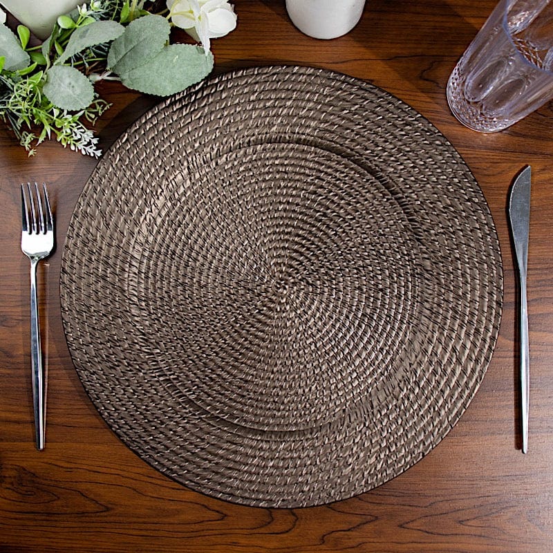 6 Acrylic 13" Natural Plastic Rattan-Like Charger Plates - Brown CHRG_PLST0022_BRN