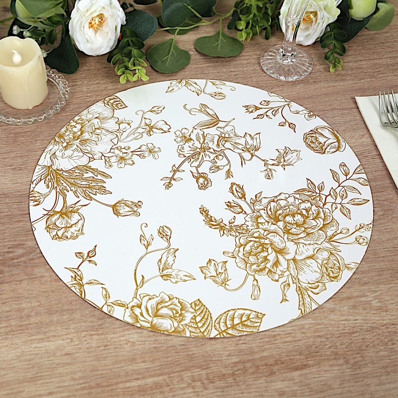 6 Cardboard Paper Placemats with gold French Toile Pattern - White DSP_CHRG_R0023_FLOR_GOLD