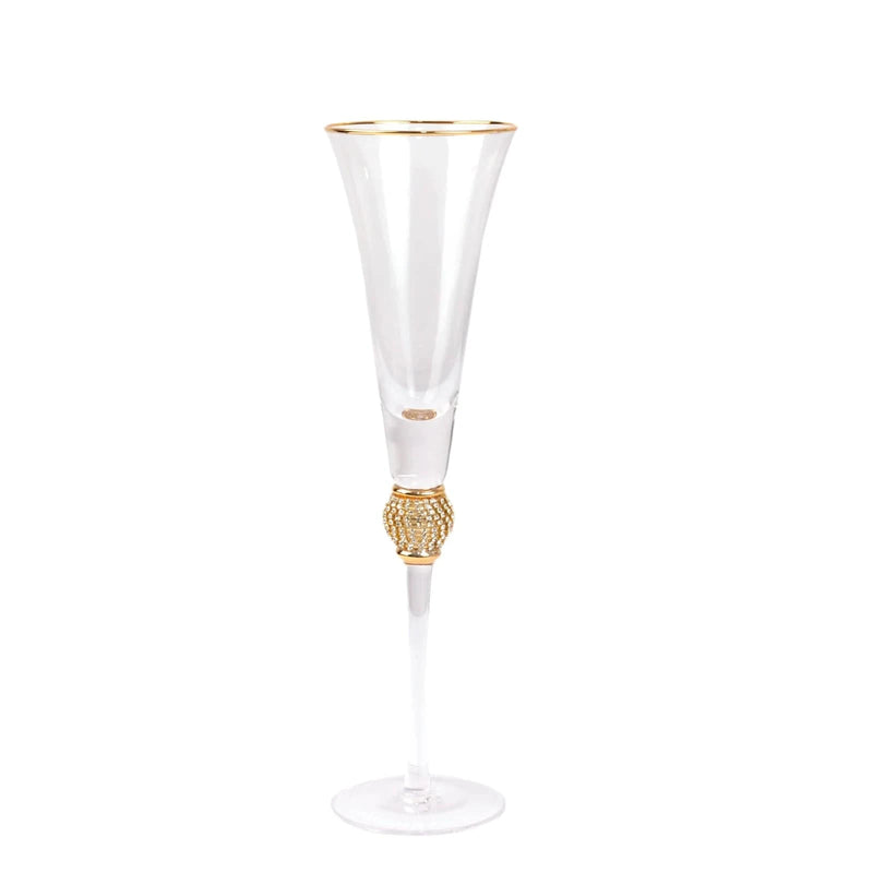 6 Champagne Flute Glasses 6oz Gold Rim Design with Studded Rhinestones - Clear GLAS_CUCP004_6_CLGD