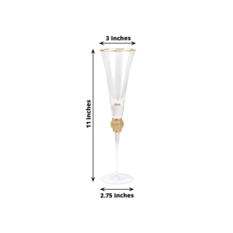 6 Champagne Flute Glasses 6oz Gold Rim Design with Studded Rhinestones - Clear GLAS_CUCP004_6_CLGD