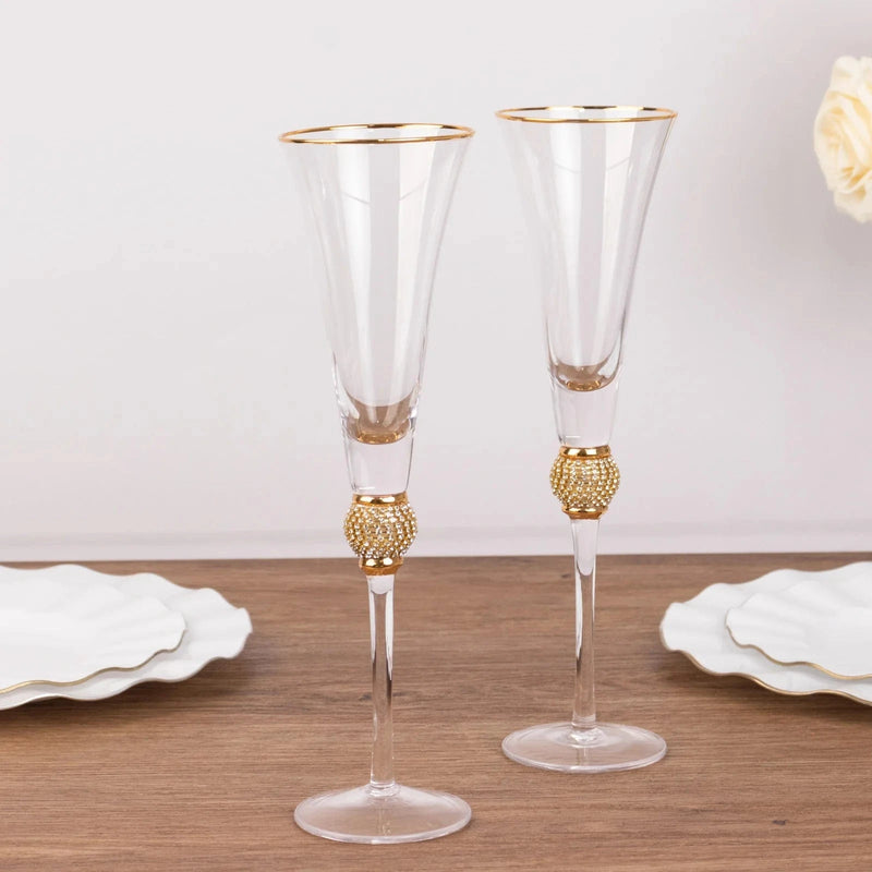6 Champagne Flute Glasses 6oz Gold Rim Design with Studded Rhinestones - Clear GLAS_CUCP004_6_CLGD