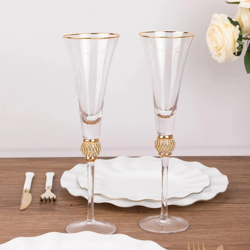 6 Champagne Flute Glasses 6oz Gold Rim Design with Studded Rhinestones - Clear GLAS_CUCP004_6_CLGD